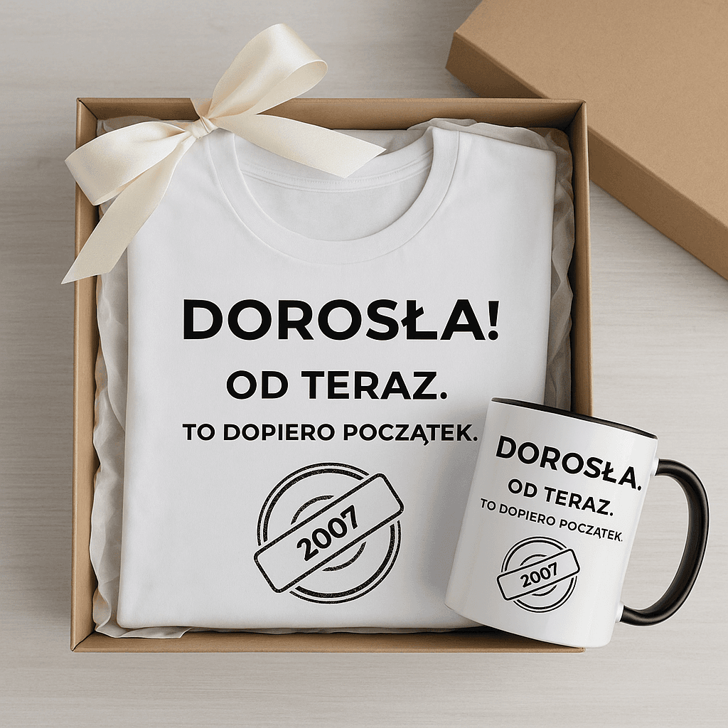 Zestaw Koszulka + Kubek: DOROSŁA – Od teraz. To dopiero początek (biała). Wersja Limitowana 2007
