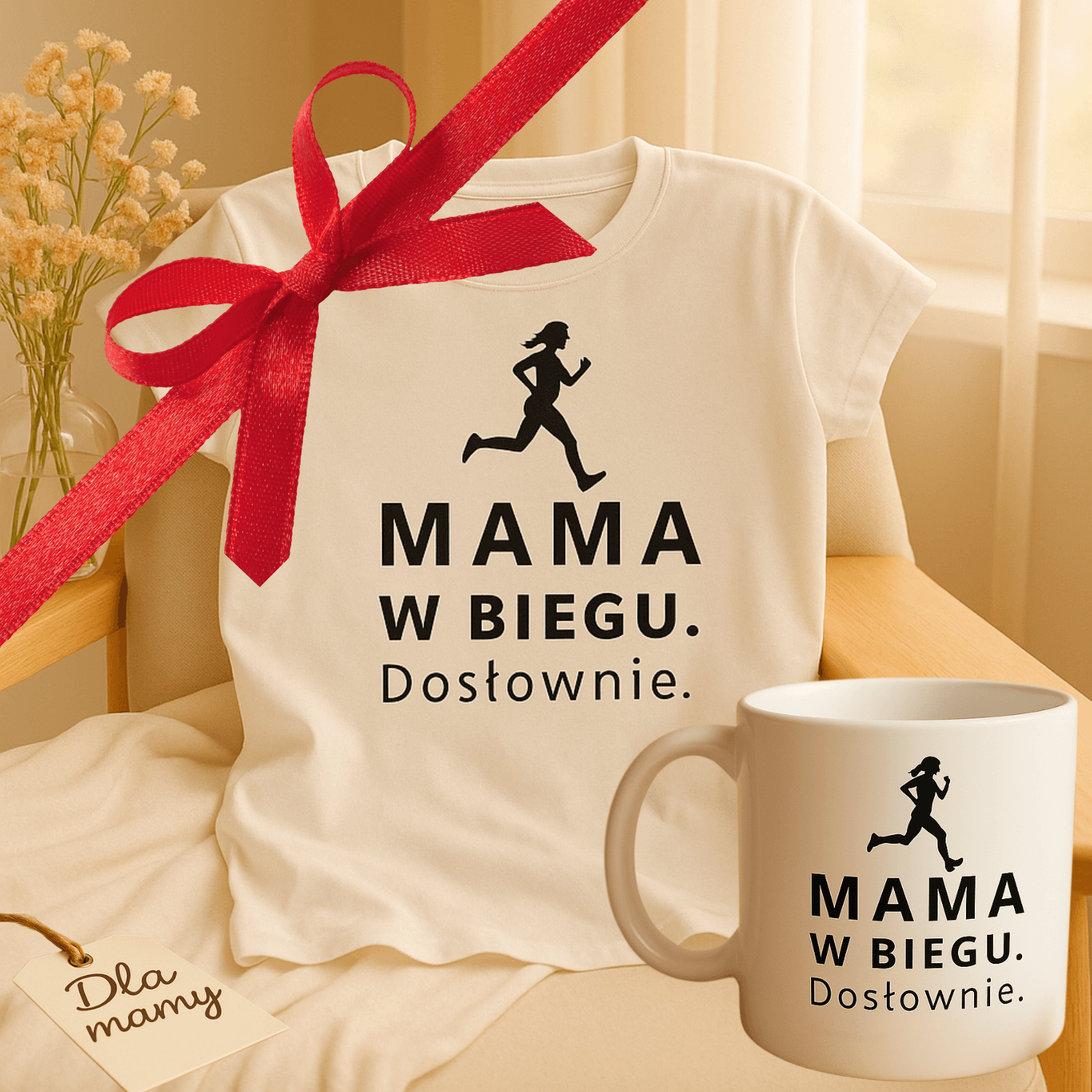 Zestaw Koszulka + Kubek: W Biegu. Dosłownie – Mama Edition (biała) TOP PREZENT