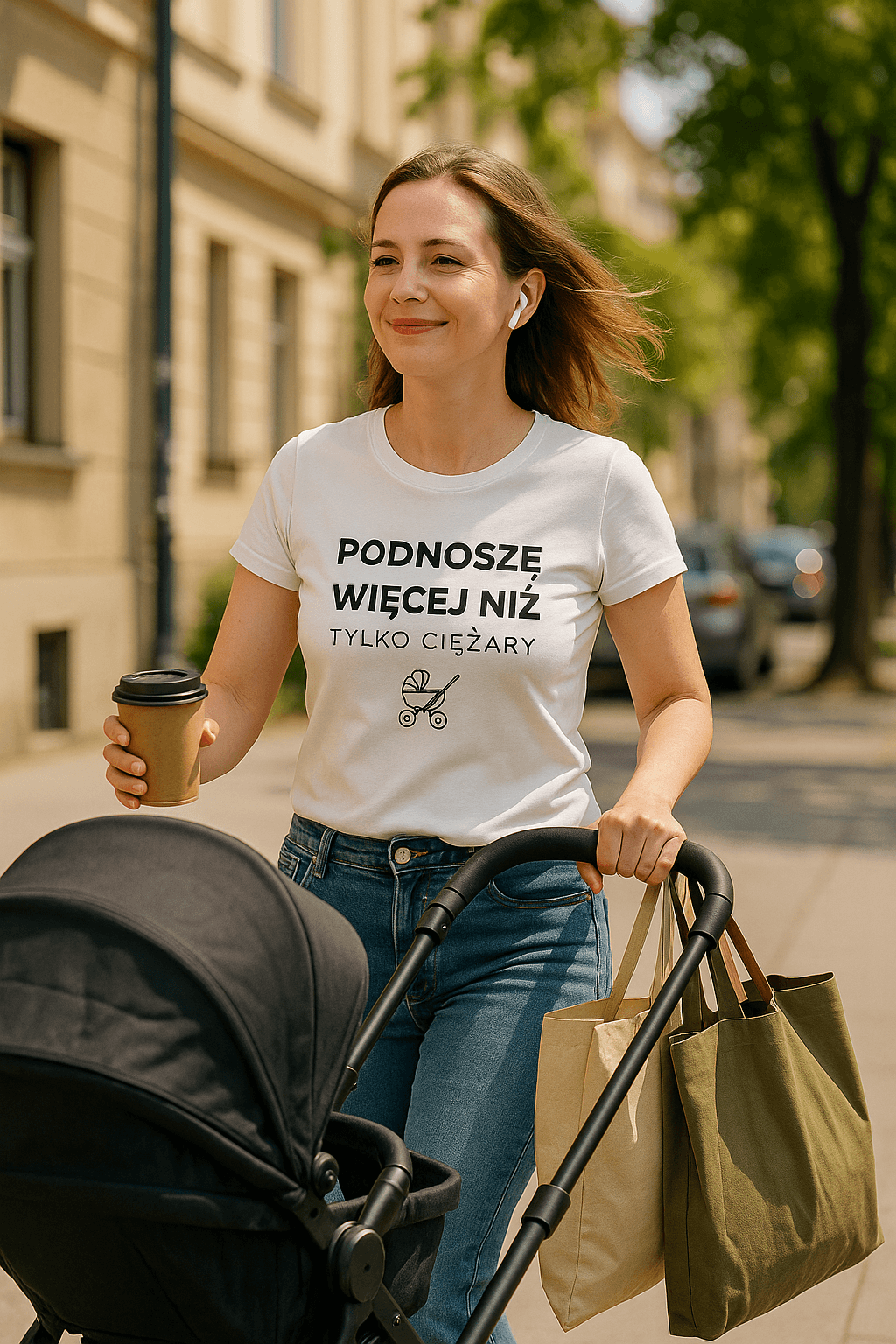 Zestaw Koszulka + Kubek: Podnoszę więcej niż tylko ciężary 👶 – MAMA edition (biała) TOP PREZENT