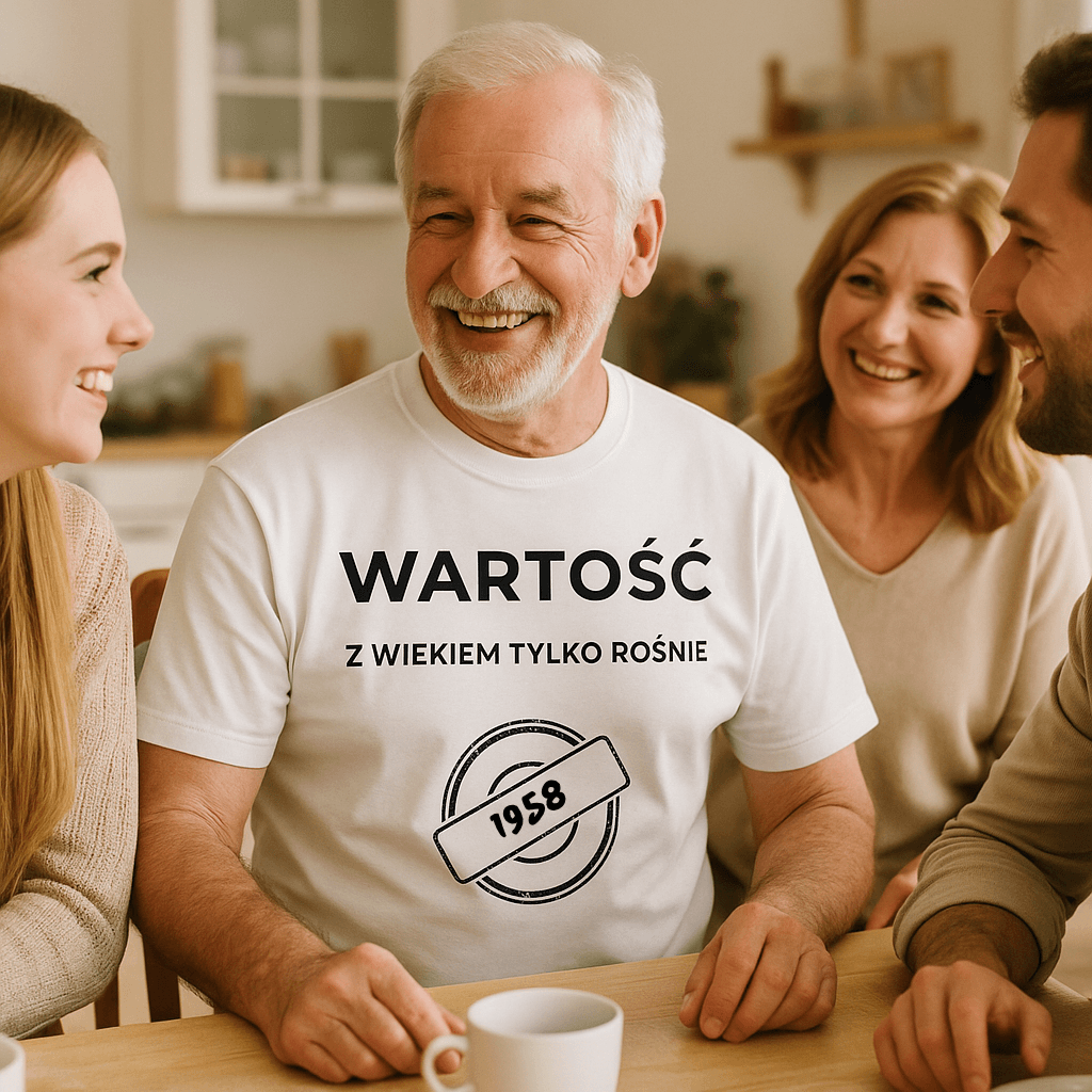 Koszulka 1958 – WARTOŚĆ. Z wiekiem tylko rośnie (Męska, Biała)