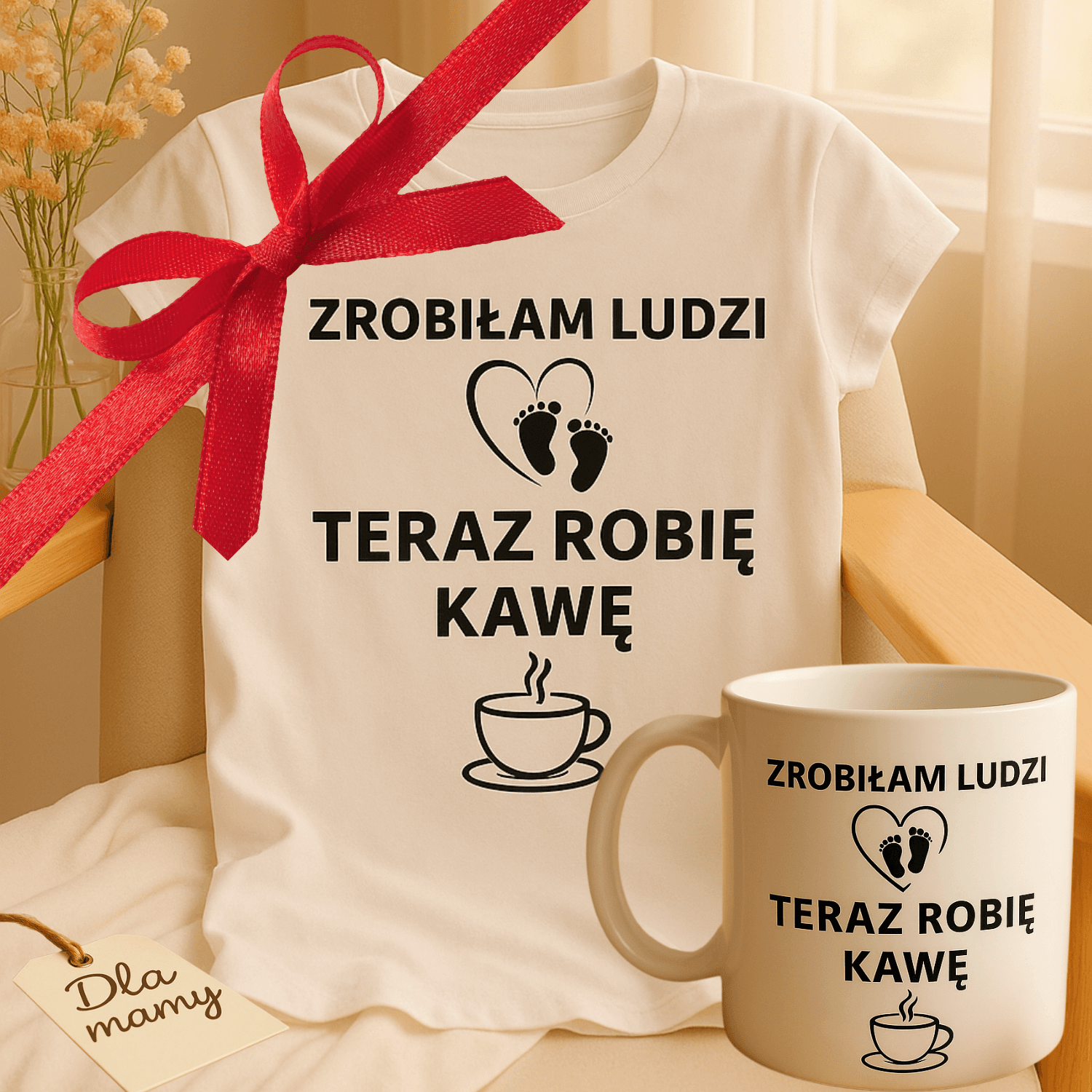 Zestaw Koszulka + Kubek: Zrobiłam ludzi, robię kawę - Mama Lifestyle Edition (biała) TOP PREZENT