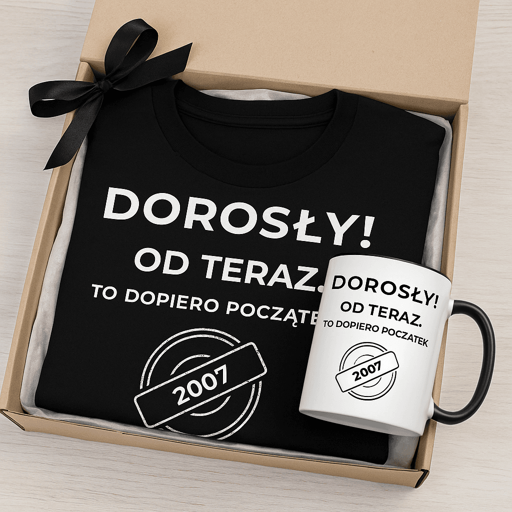 Zestaw Koszulka + Kubek: DOROSŁY – Od teraz. To dopiero początek (czarna). Wersja Limitowana 2007