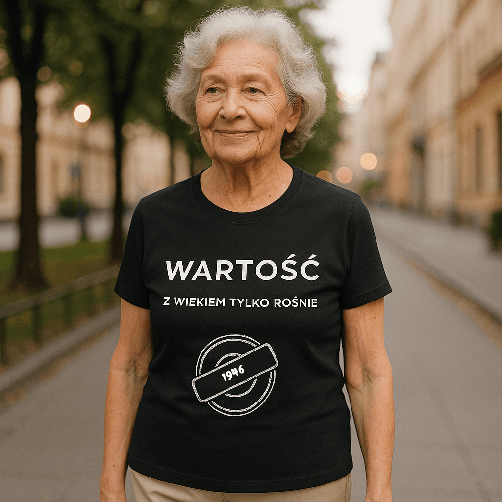 Koszulka 1946 – WARTOŚĆ. Z wiekiem tylko rośnie (Damska, Czarna)