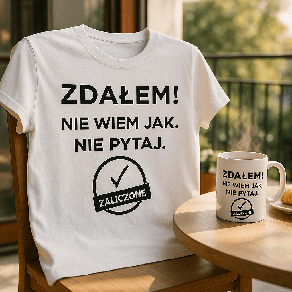 Zestaw Koszulka + Kubek: ZDAŁEM – Nie pytaj jak Wersja Limitowana 2025 (biała)