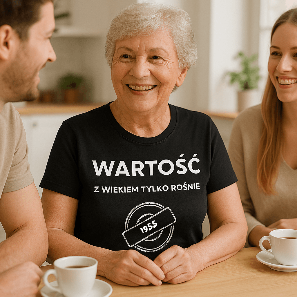 Koszulka 1955 – WARTOŚĆ. Z wiekiem tylko rośnie (Damska, Czarna)