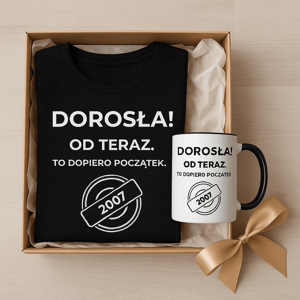 Zestaw Koszulka + Kubek: DOROSŁA – Od teraz. To dopiero początek (czarna). Wersja Limitowana 2007