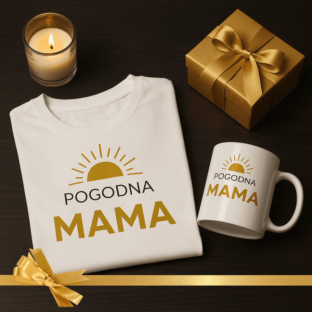 Zestaw Koszulka + Kubek: Pogodna Mama - Mama Gold Edition (biała)