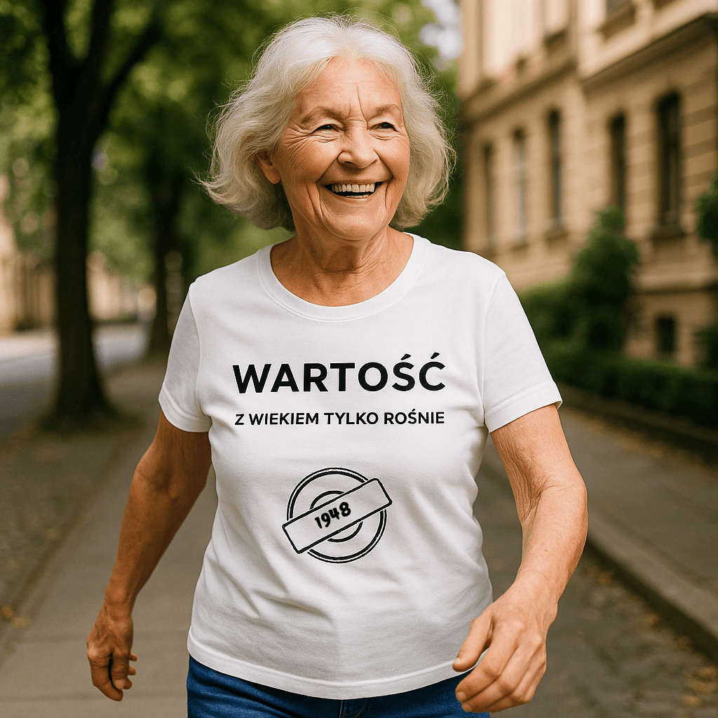 Koszulka 1948 – WARTOŚĆ. Z wiekiem tylko rośnie (Damska, Biała)