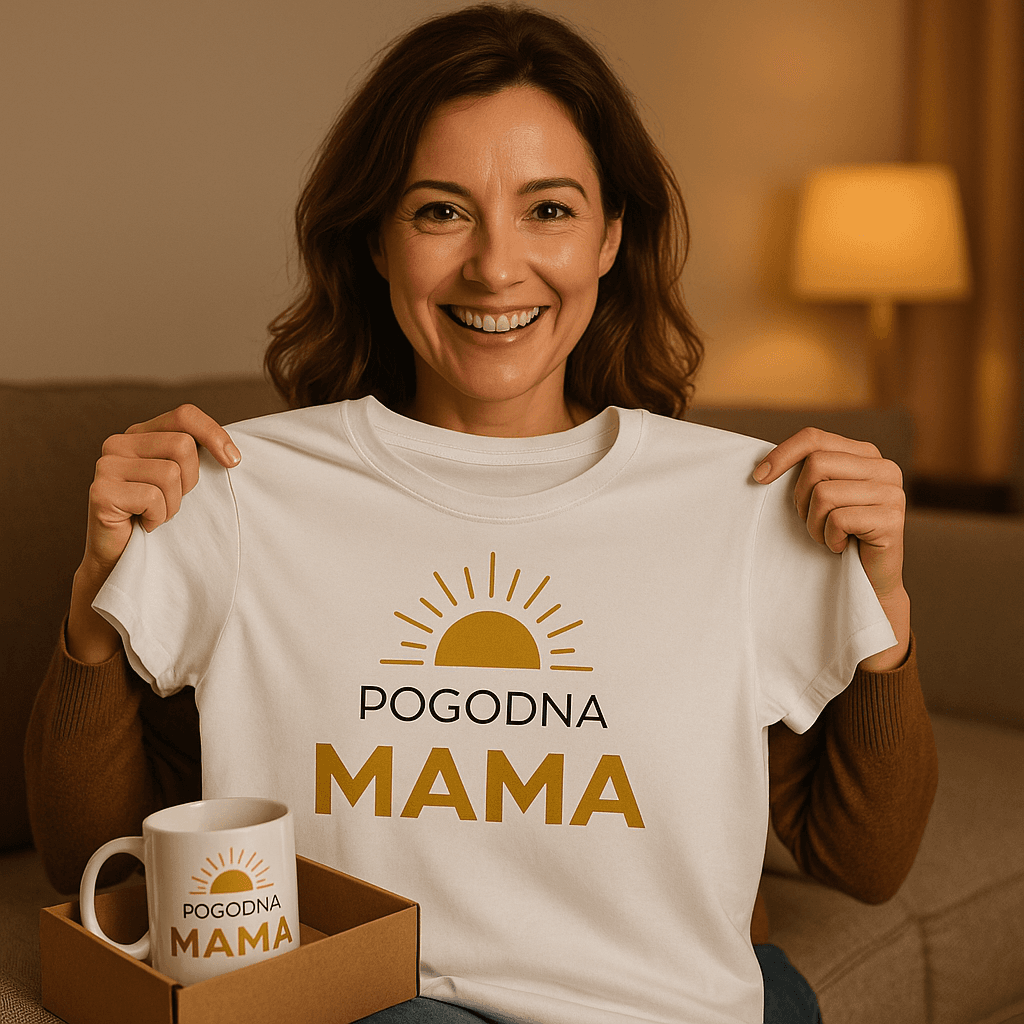 Zestaw Koszulka + Kubek: Pogodna Mama - Mama Gold Edition (biała)