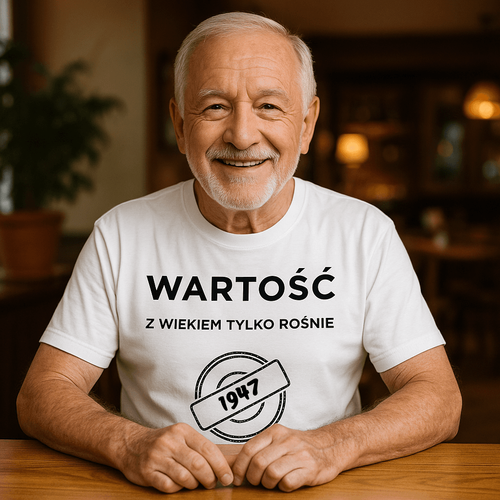 Koszulka 1947 – WARTOŚĆ. Z wiekiem tylko rośnie (Męska, Biała)