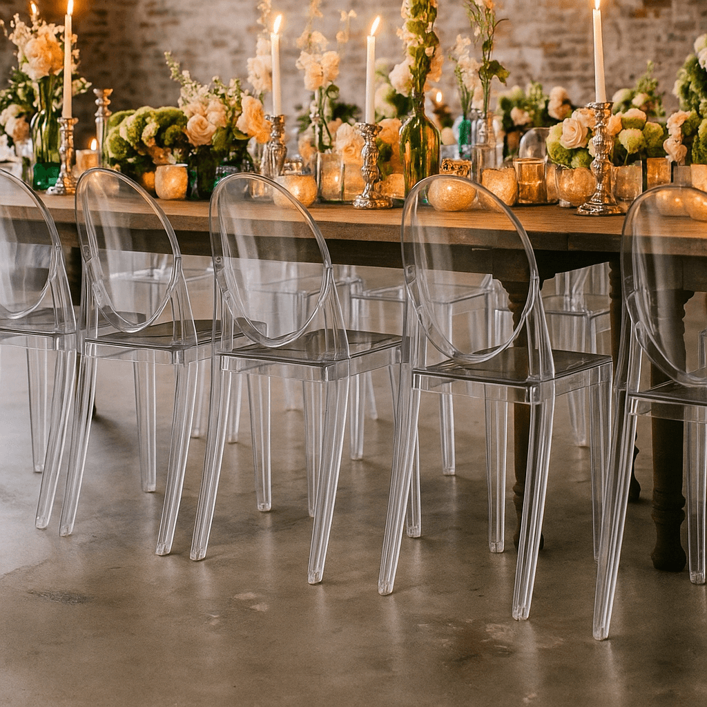 Krzesło transparentne amber typu ghost (styl Victoria) – sztaplowane, event/konferencja