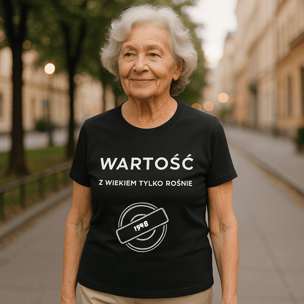 Koszulka 1948 – WARTOŚĆ. Z wiekiem tylko rośnie (Damska, Czarna)