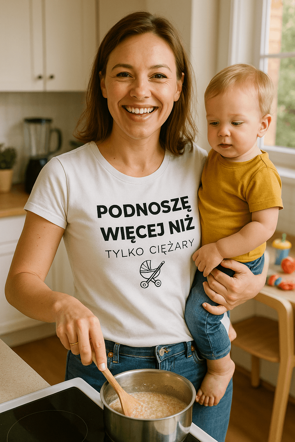 Zestaw Koszulka + Kubek: Podnoszę więcej niż tylko ciężary 👶 – MAMA edition (biała) TOP PREZENT