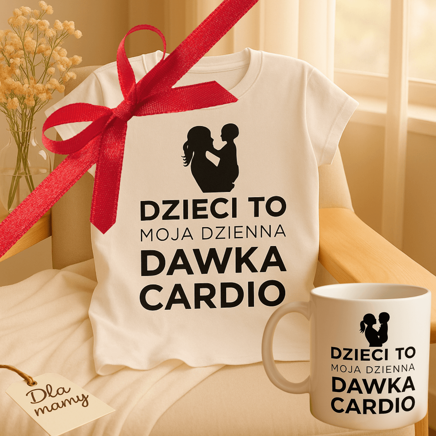 Zestaw Koszulka + Kubek: Dzienna dawka cardio - Mama Edition (biała) TOP PREZENT