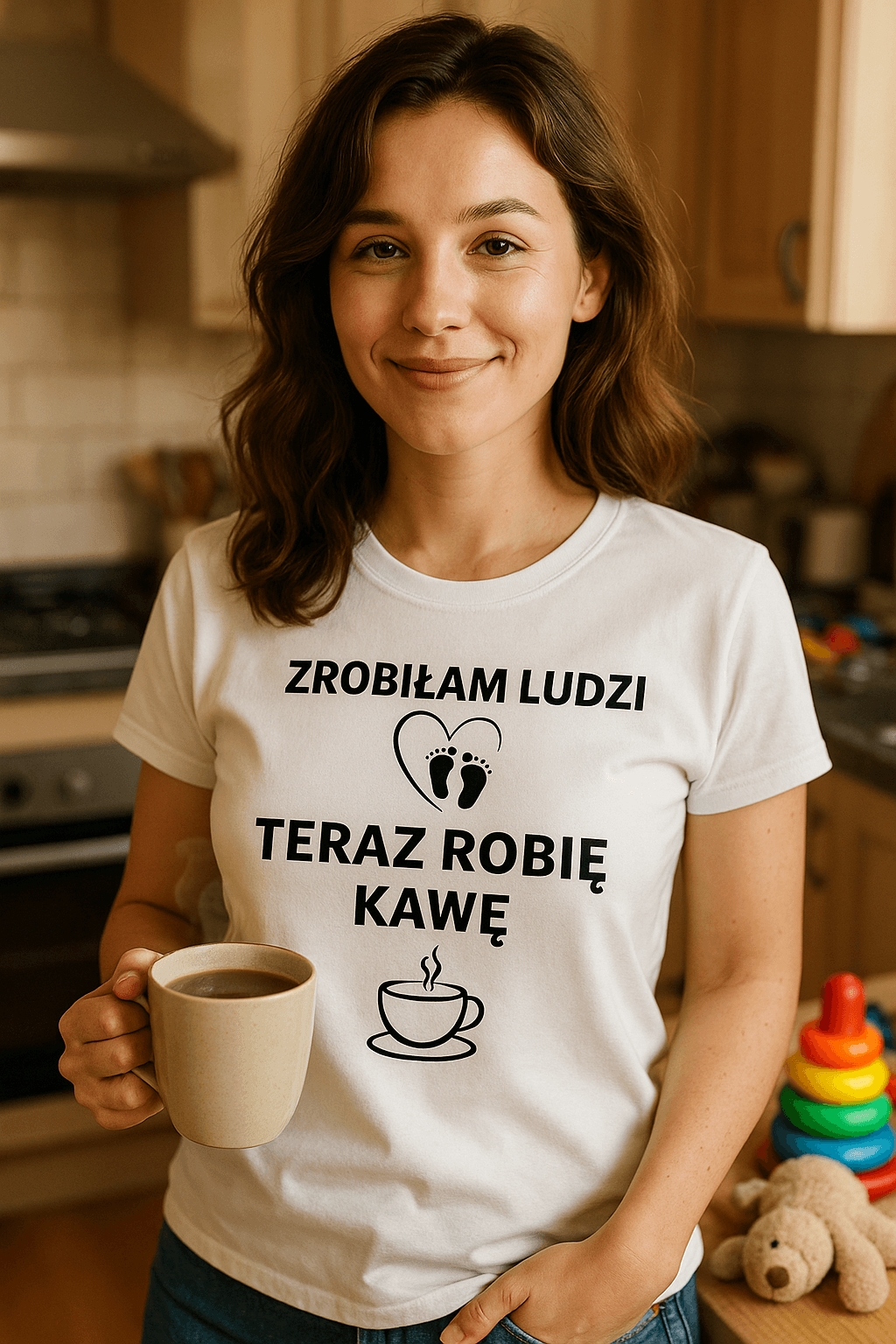 Zestaw Koszulka + Kubek: Zrobiłam ludzi, robię kawę - Mama Lifestyle Edition (biała) TOP PREZENT