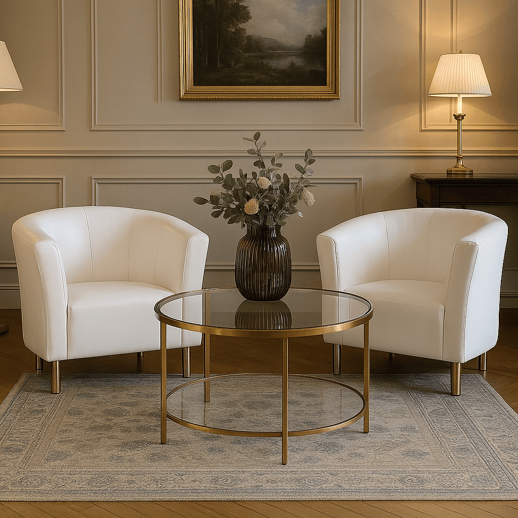 Fotel Tapicerowany Glamour Biały Ekoskóra Złote Nóżki