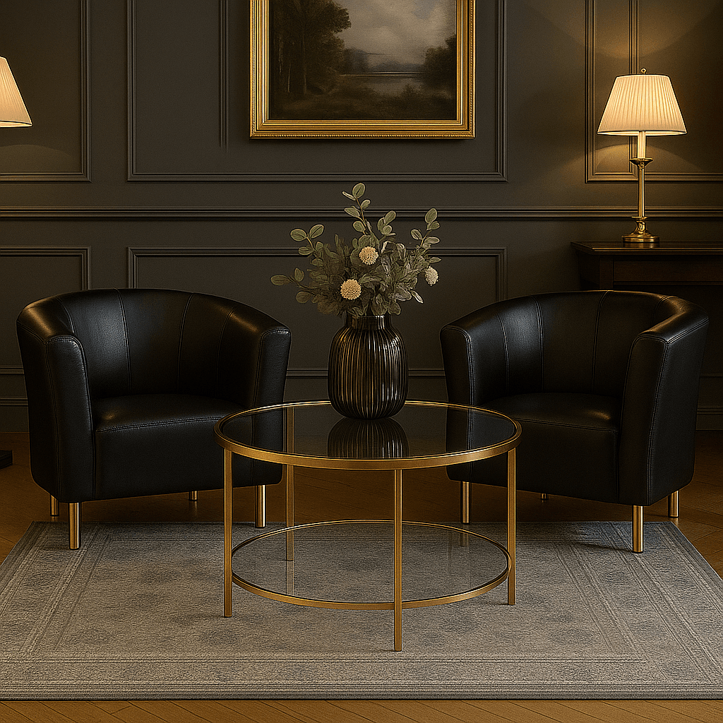 Fotel Tapicerowany Glamour Czarny Ekoskóra Złote Nóżki