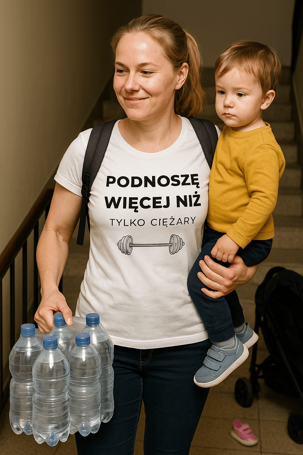 Zestaw Koszulka + Kubek: Podnoszę więcej niż tylko ciężary 🏋️‍♂️ – MAMA edition (biała) TOP PREZENT
