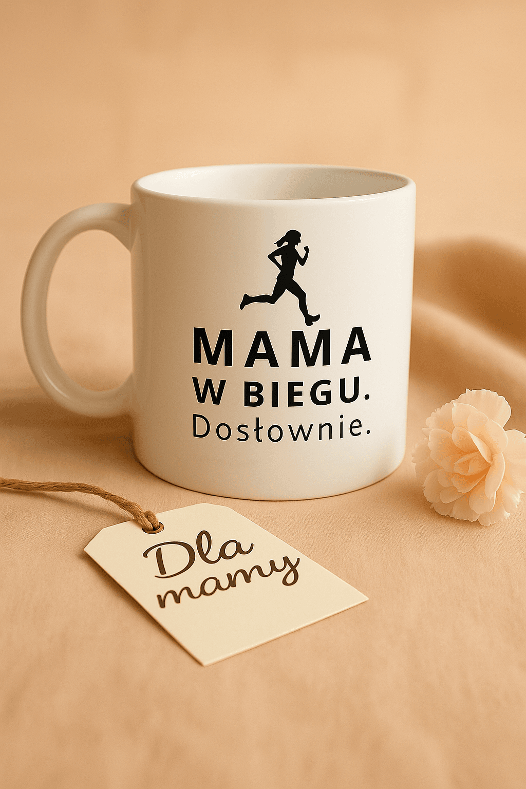 Zestaw Koszulka + Kubek: W Biegu. Dosłownie – Mama Edition (biała) TOP PREZENT