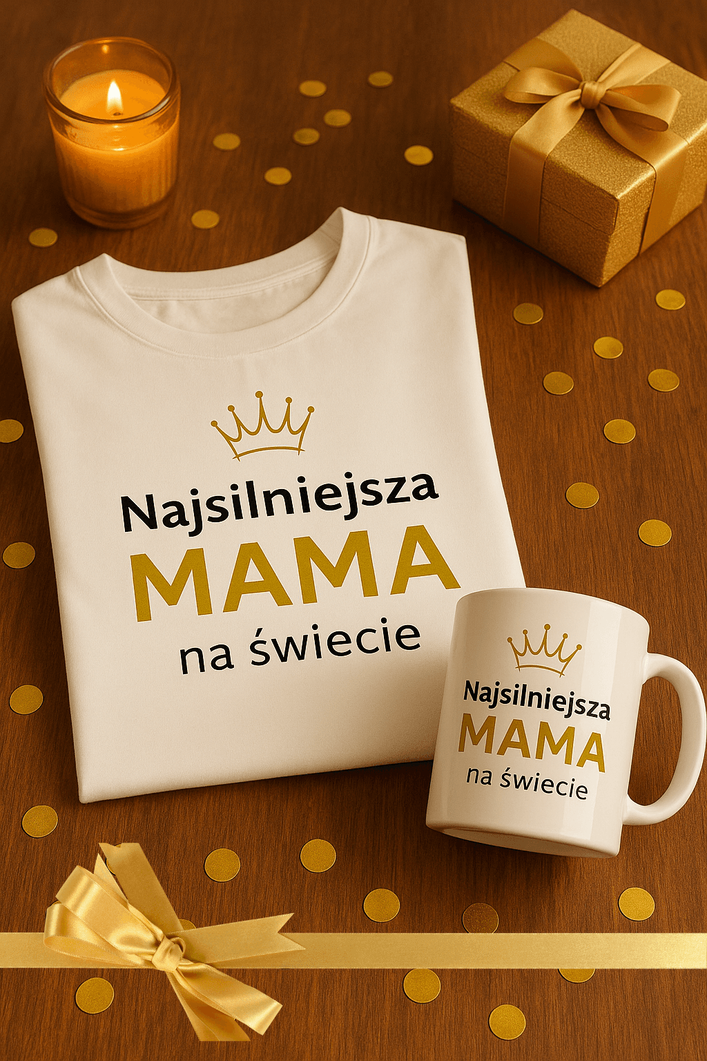 Zestaw Koszulka + Kubek: Najsilniejsza Mama - Mama Gold Edition (biała)