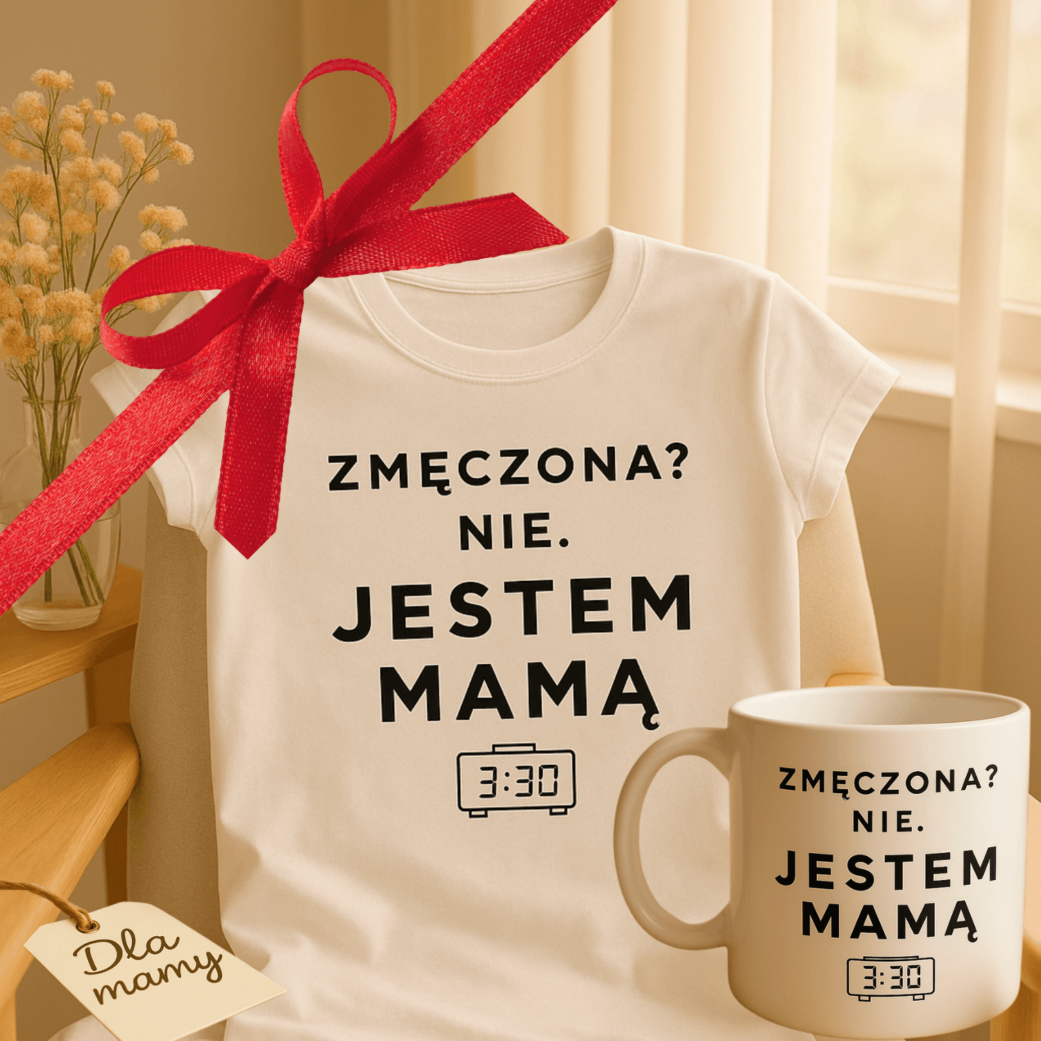 Zestaw Koszulka + Kubek: ZMĘCZONA? NIE. JESTEM MAMĄ. 3:30 (biała) TOP PREZENT