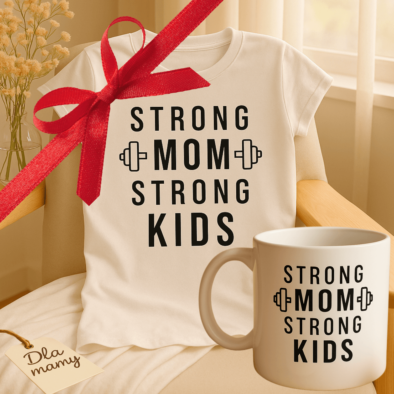 Zestaw Koszulka + Kubek: Strong Mom Strong Kids – Mama Edition (biała) TOP PREZENT