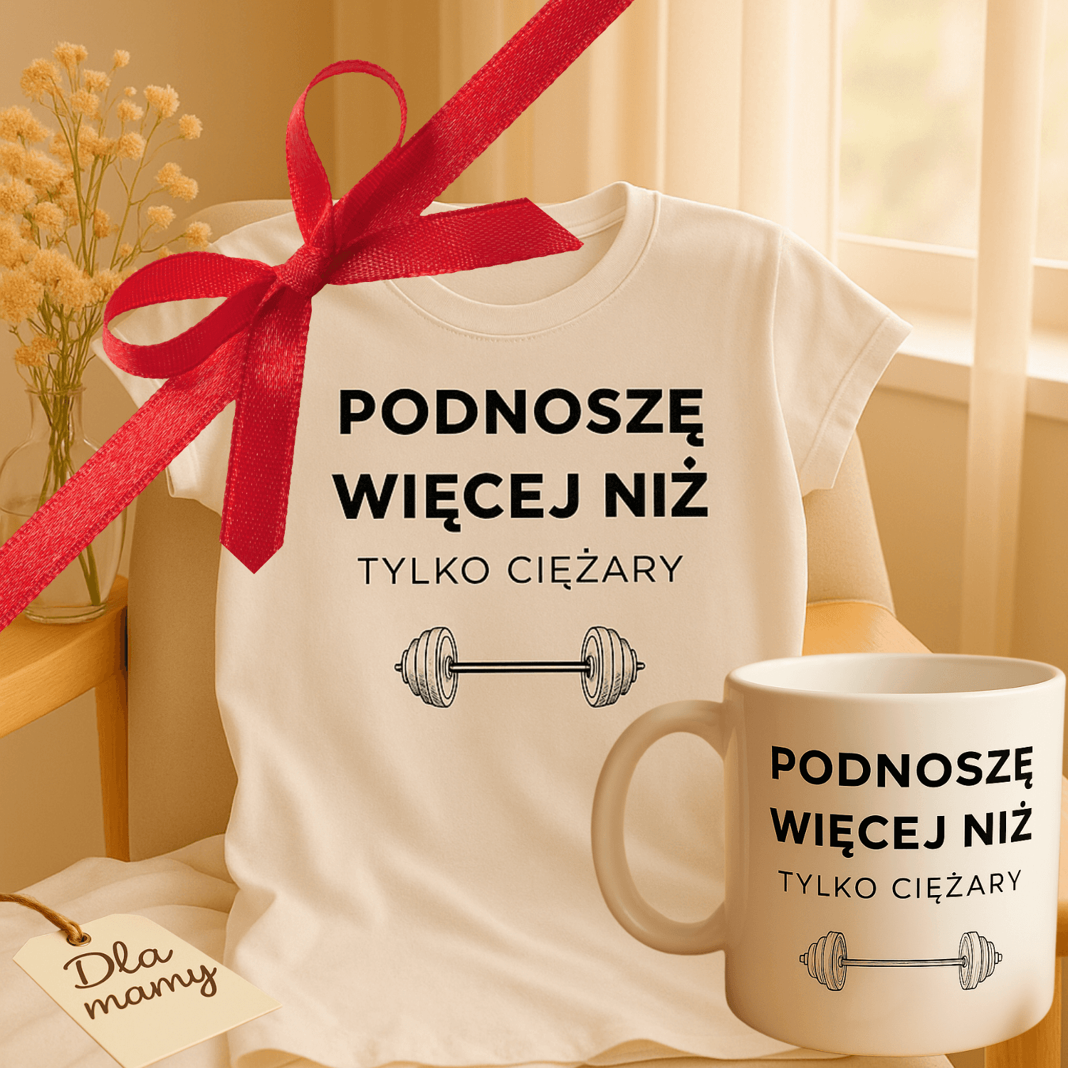 Zestaw Koszulka + Kubek: Podnoszę więcej niż tylko ciężary 🏋️‍♂️ – MAMA edition (biała) TOP PREZENT