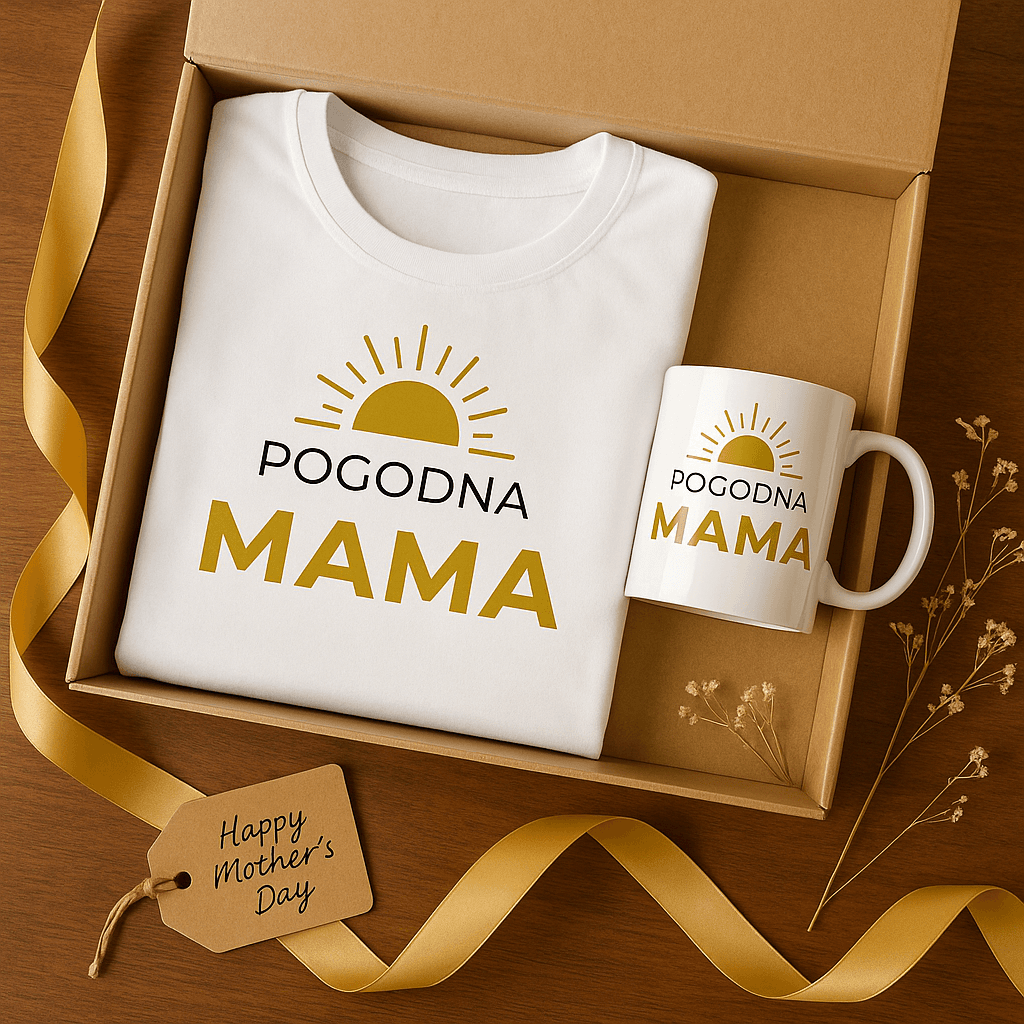 Zestaw Koszulka + Kubek: Pogodna Mama - Mama Gold Edition (biała)
