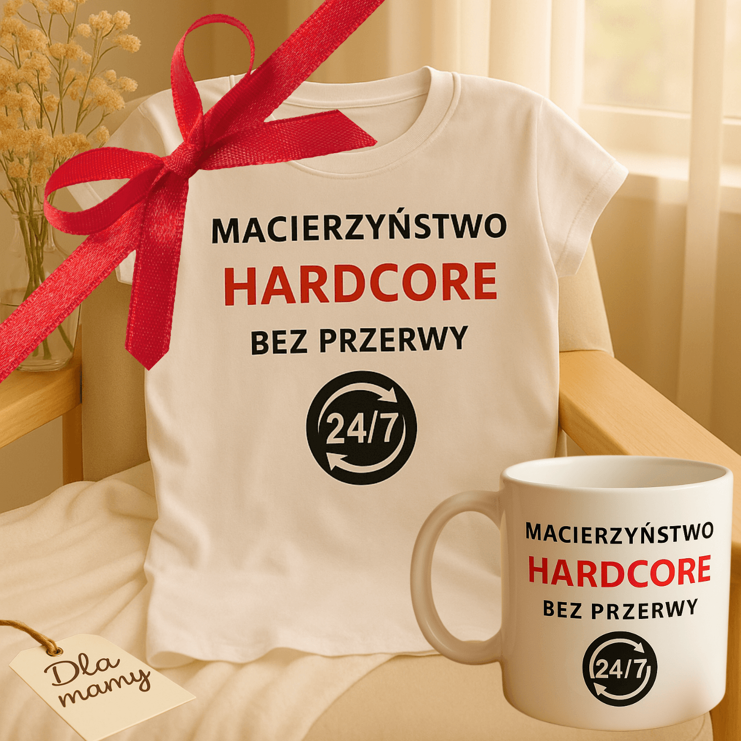 Zestaw Koszulka + Kubek: Hardcore bez przerwy - Mama Lifestyle Edition (biała) TOP PREZENT