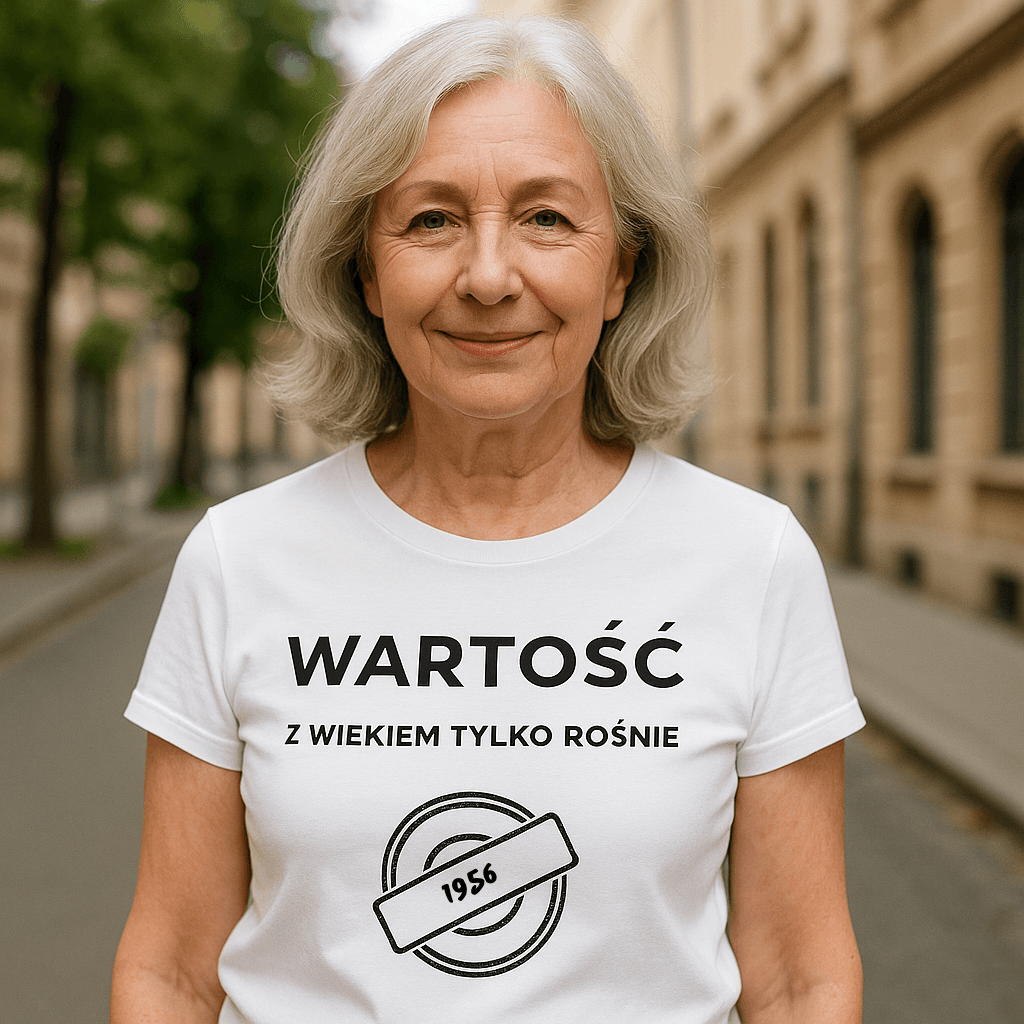 Koszulka 1956 – WARTOŚĆ. Z wiekiem tylko rośnie (Damska, Biała)