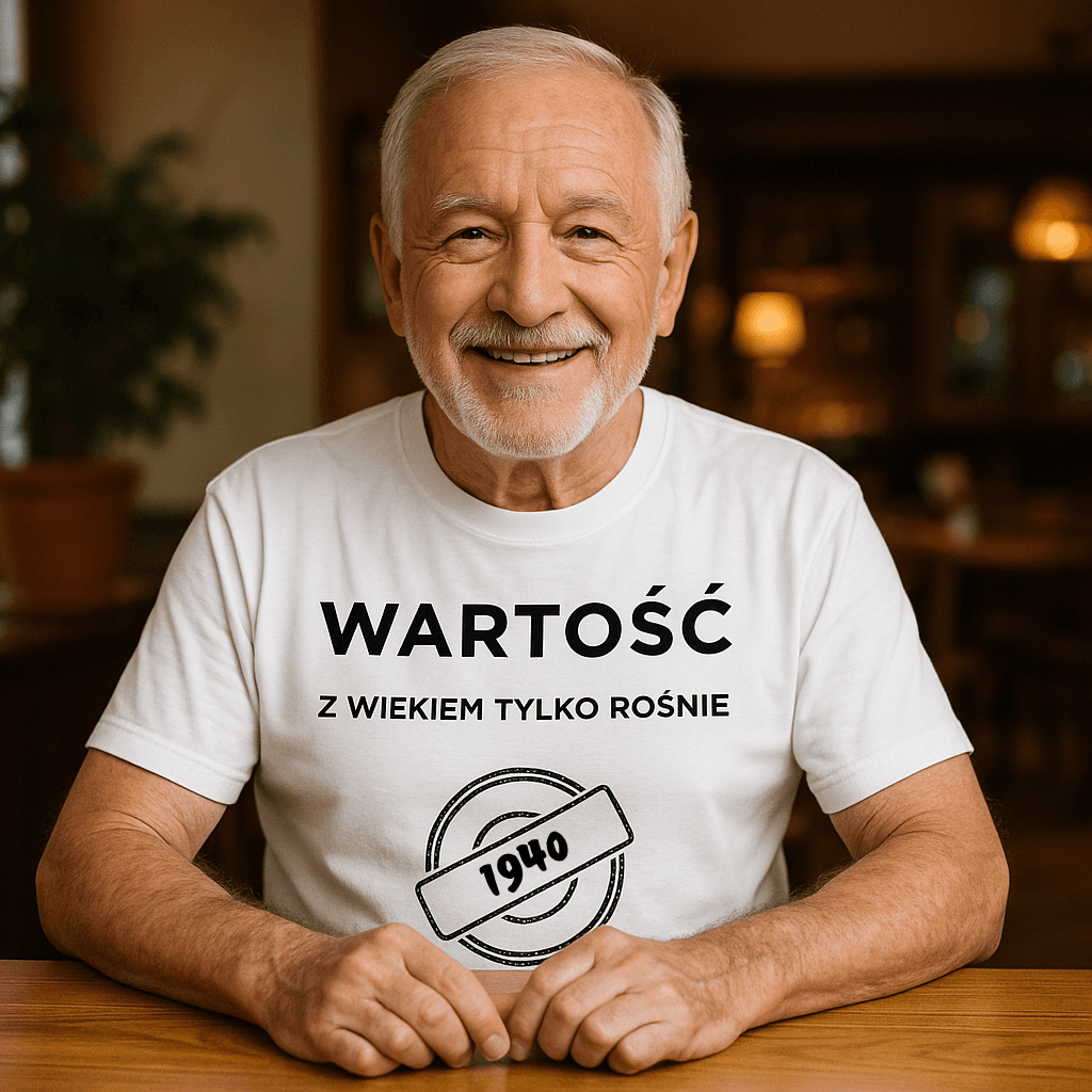Koszulka 1940 – WARTOŚĆ. Z wiekiem tylko rośnie (Męska, Biała)