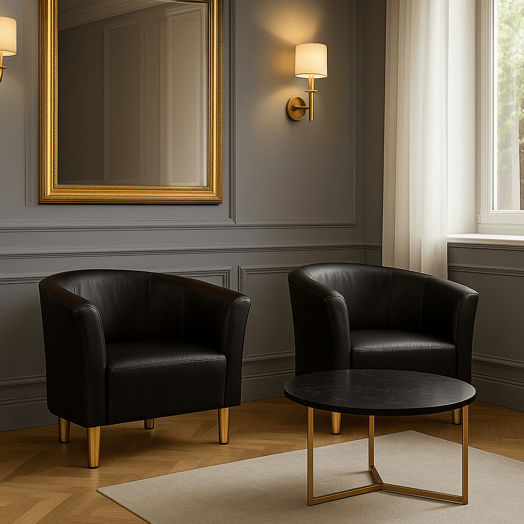 Fotel Tapicerowany Glamour Czarny Ekoskóra Złote Nóżki