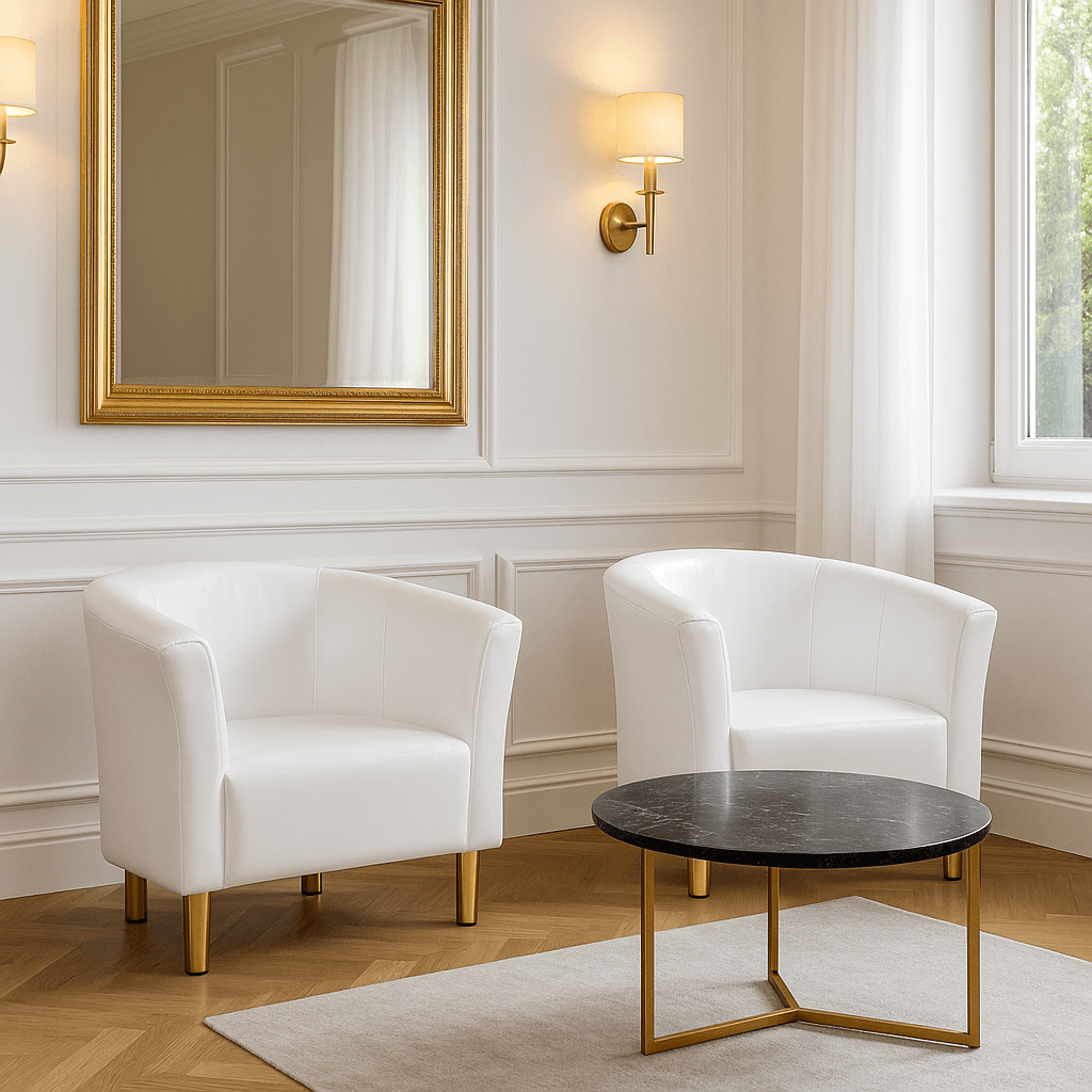 Fotel Tapicerowany Glamour Biały Ekoskóra Złote Nóżki