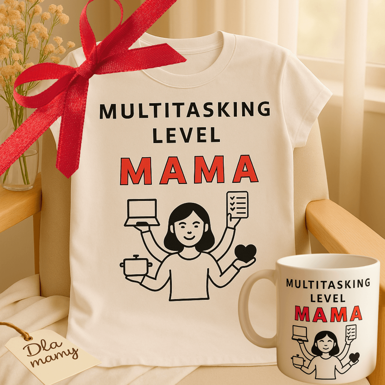 Zestaw Koszulka + Kubek: Multitasking Level - Mama Lifestyle Edition (biała) TOP PREZENT