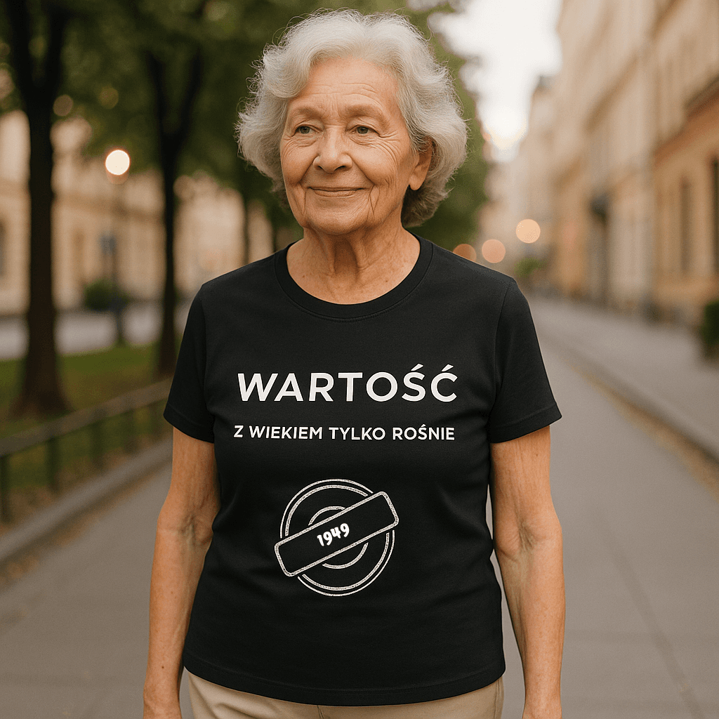 Koszulka 1949 – WARTOŚĆ. Z wiekiem tylko rośnie (Damska, Czarna)