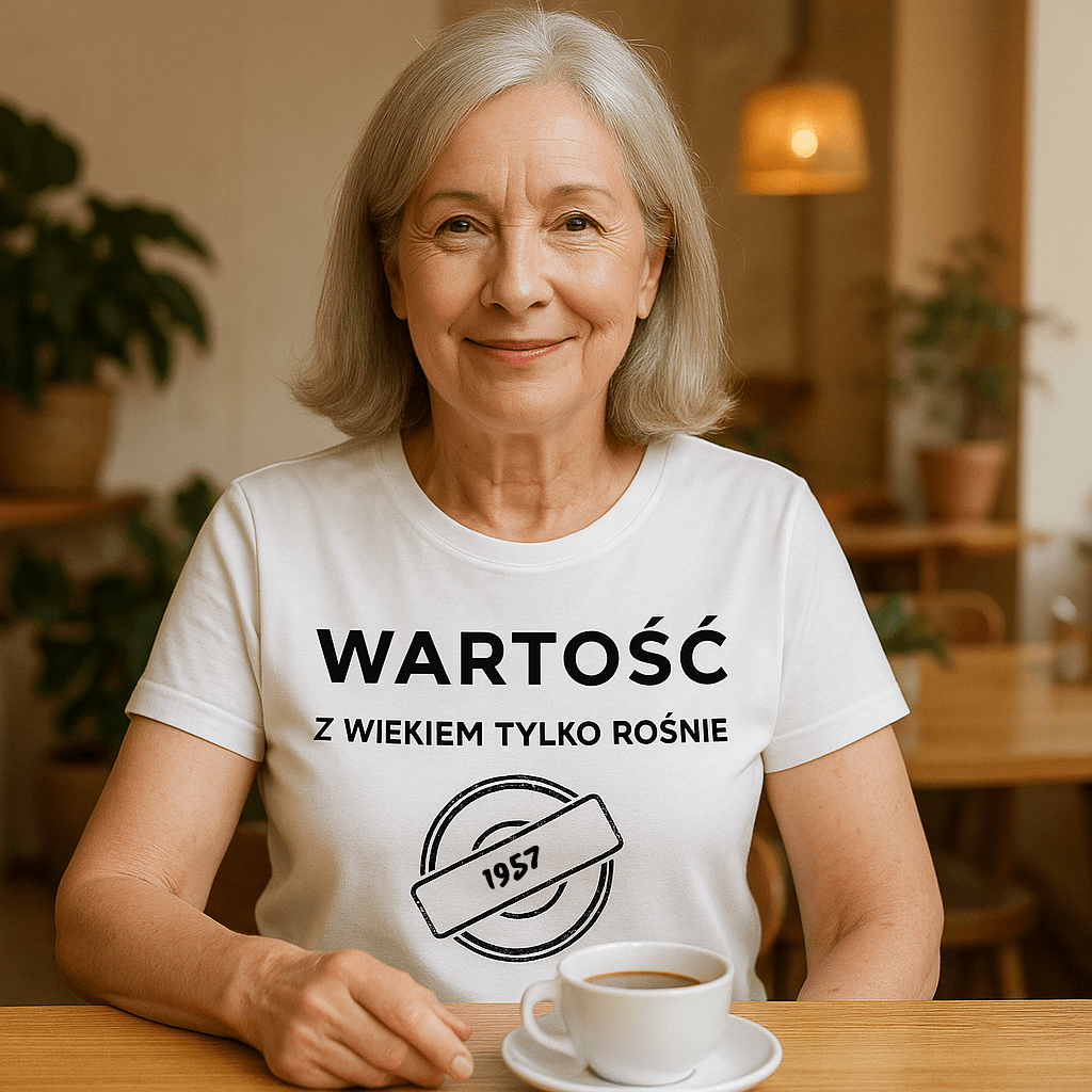 Koszulka 1957 – WARTOŚĆ. Z wiekiem tylko rośnie (Damska, Biała)