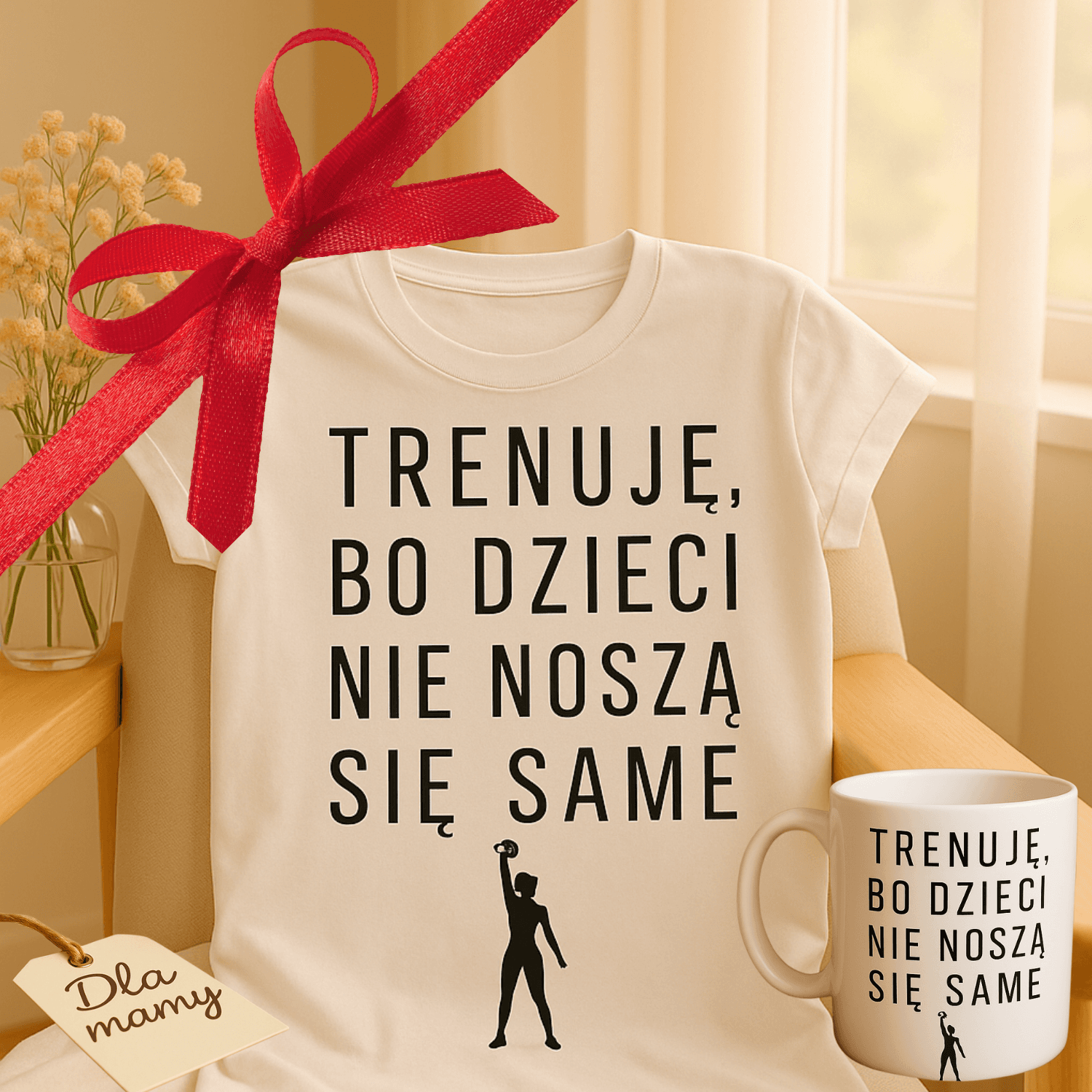 Zestaw Koszulka + Kubek: Trenuję bo dzieci nie noszą się same – Mama Edition (biała) TOP PREZENT