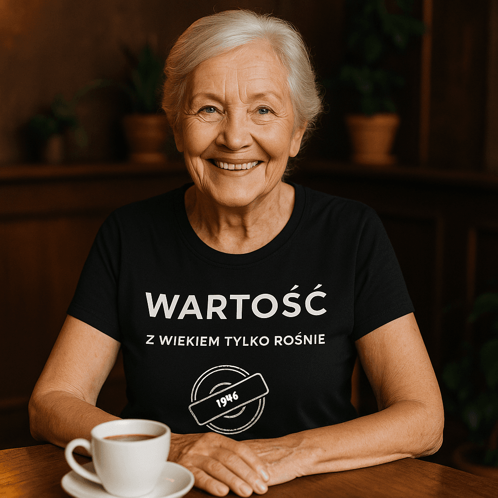 Koszulka 1946 – WARTOŚĆ. Z wiekiem tylko rośnie (Damska, Czarna)