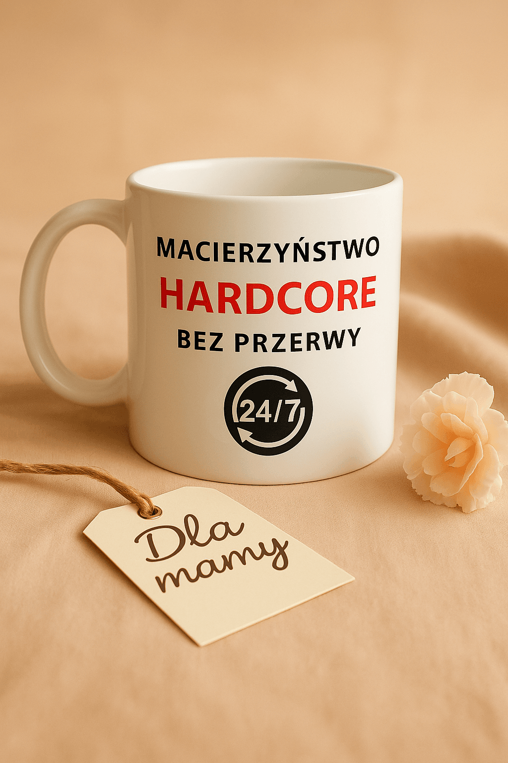 Zestaw Koszulka + Kubek: Hardcore bez przerwy - Mama Lifestyle Edition (biała) TOP PREZENT