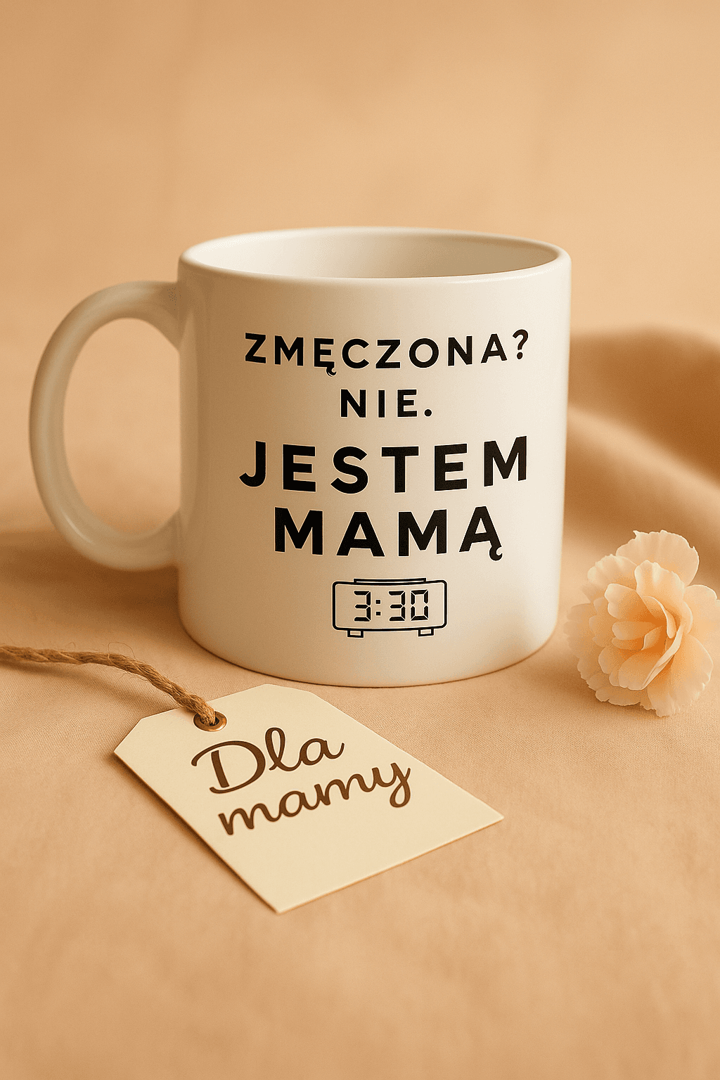 Zestaw Koszulka + Kubek: ZMĘCZONA? NIE. JESTEM MAMĄ. 3:30 (biała) TOP PREZENT