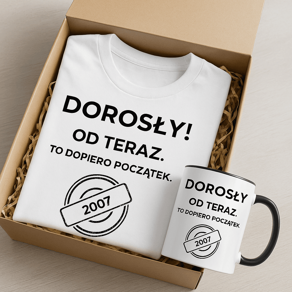 Zestaw Koszulka + Kubek: DOROSŁY – Od teraz. To dopiero początek (biała). Wersja Limitowana 2007