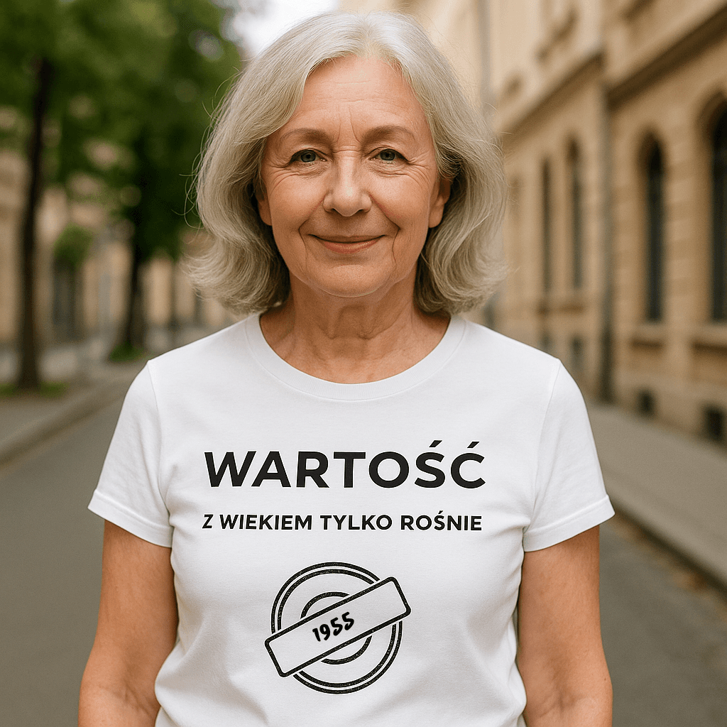 Koszulka 1955 – WARTOŚĆ. Z wiekiem tylko rośnie (Damska, Biała)