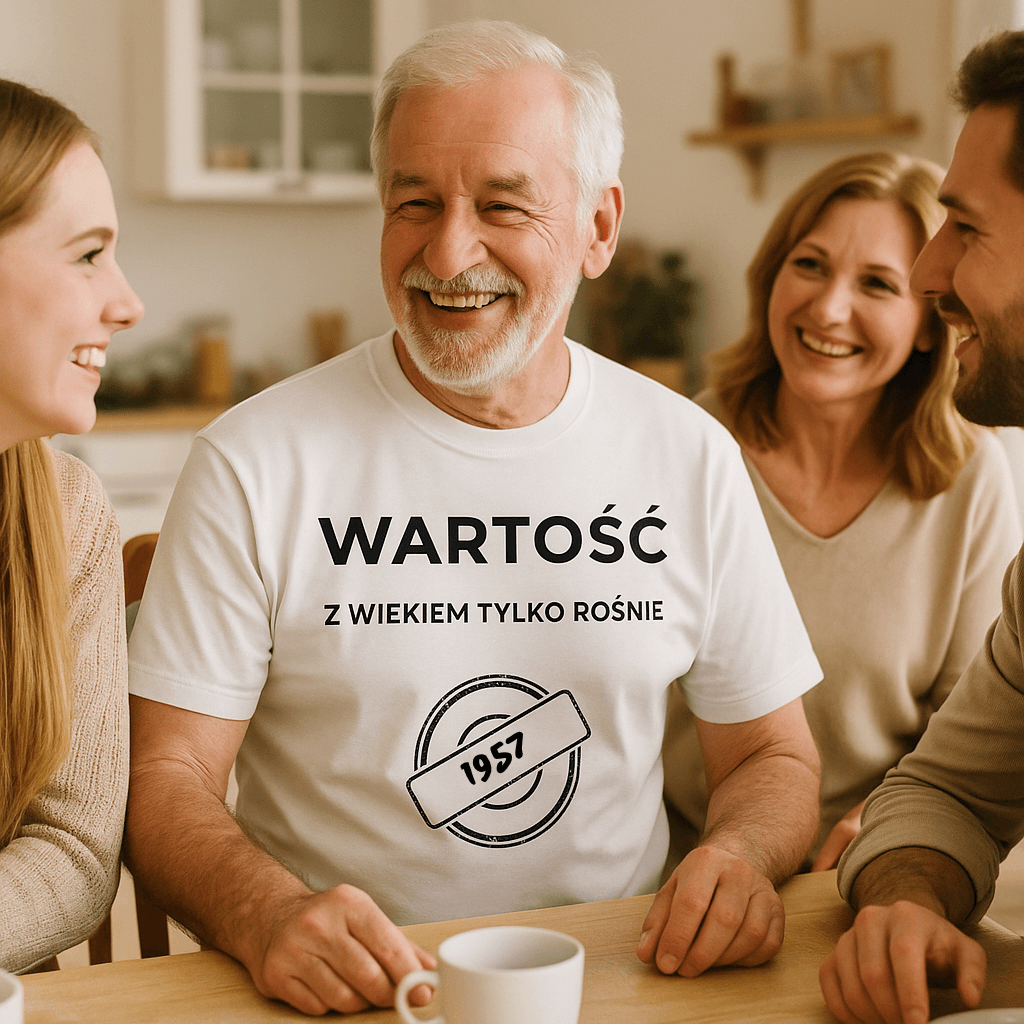 Koszulka 1957 – WARTOŚĆ. Z wiekiem tylko rośnie (Męska, Biała)