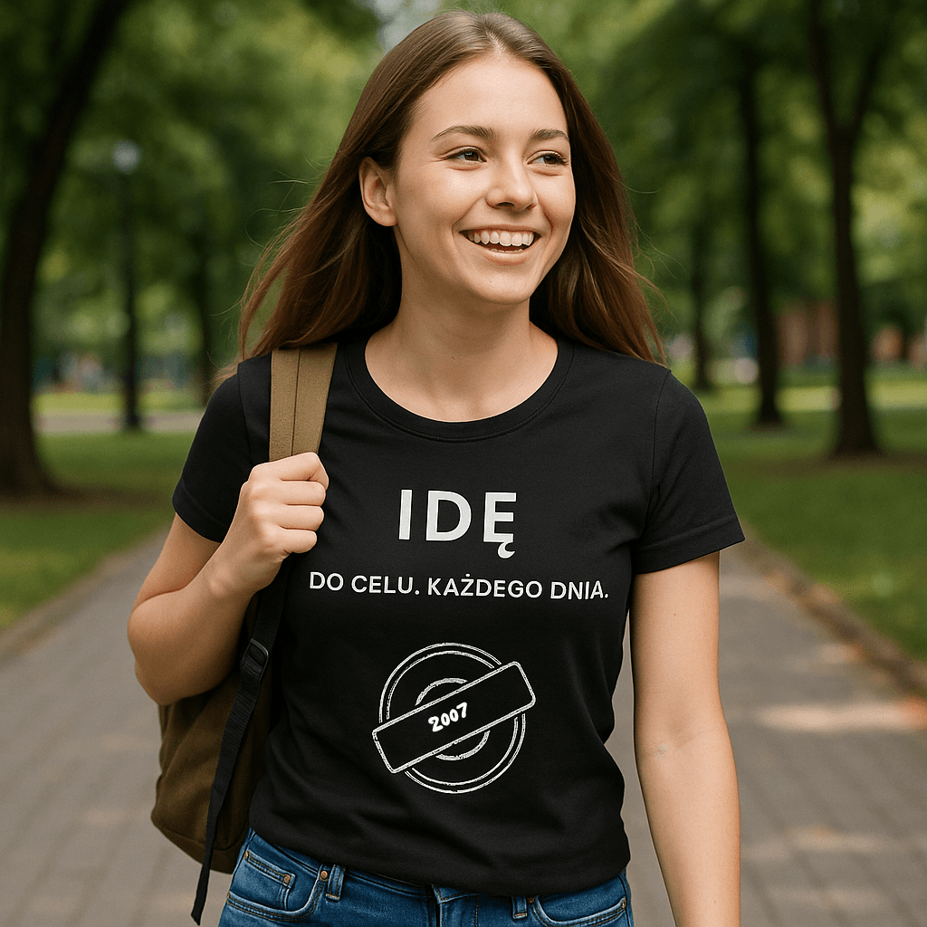 Koszulka 2007 – IDĘ. Do celu. Każdego dnia (Damska, Czarna)
