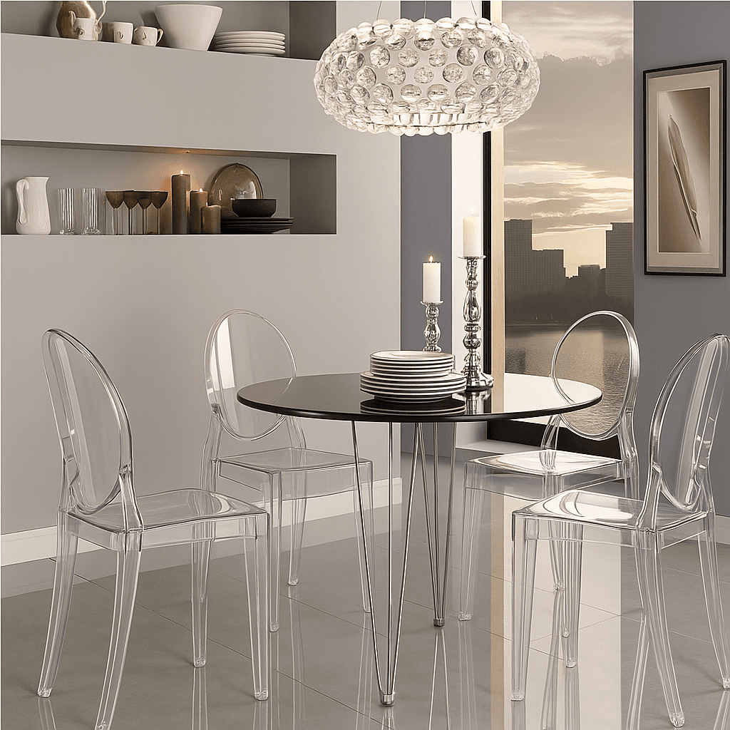 Krzesło transparentne amber typu ghost (styl Victoria) – sztaplowane, event/konferencja