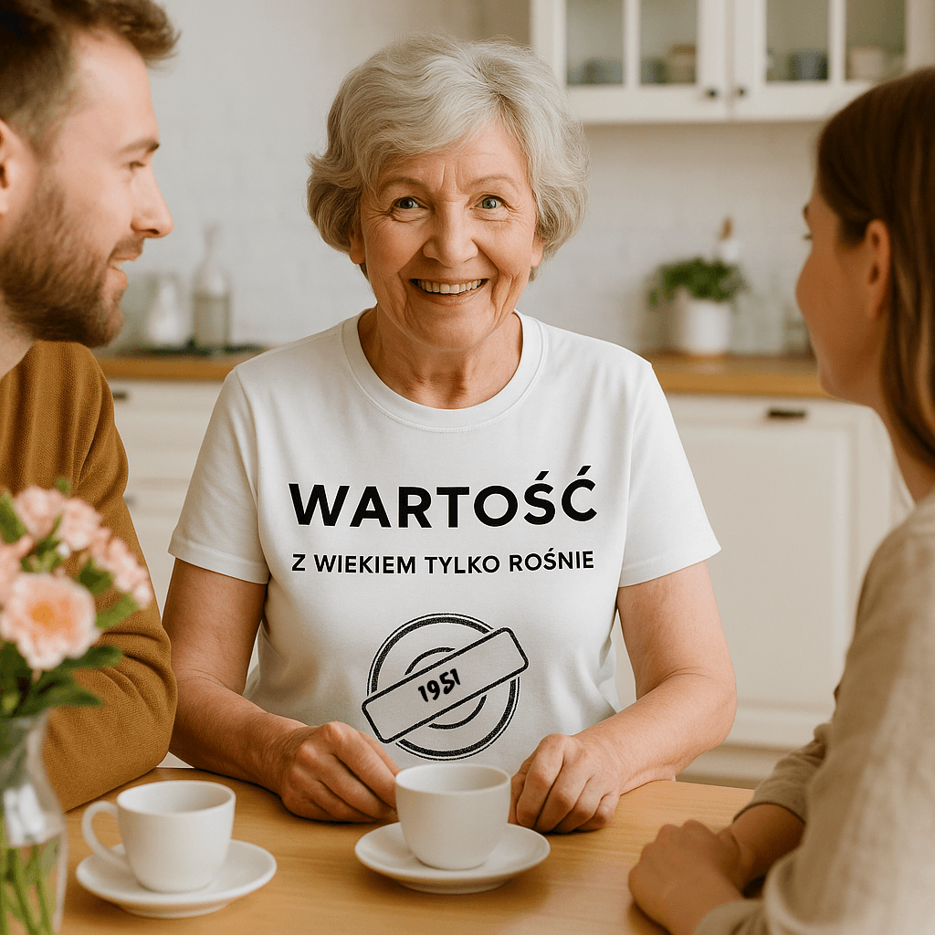 Koszulka 1951 – WARTOŚĆ. Z wiekiem tylko rośnie (Damska, Biała)
