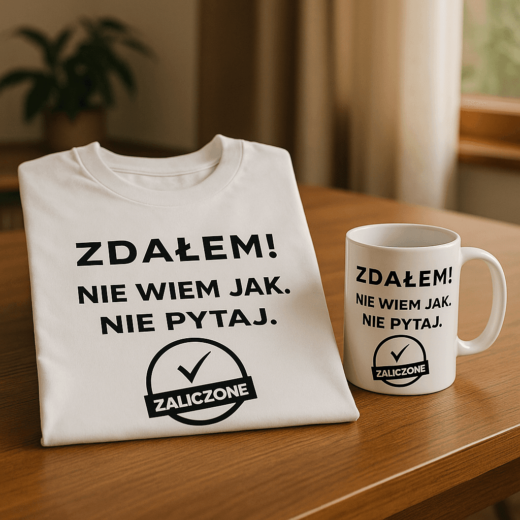 Zestaw Koszulka + Kubek: ZDAŁEM – Nie pytaj jak Wersja Limitowana 2025 (biała)