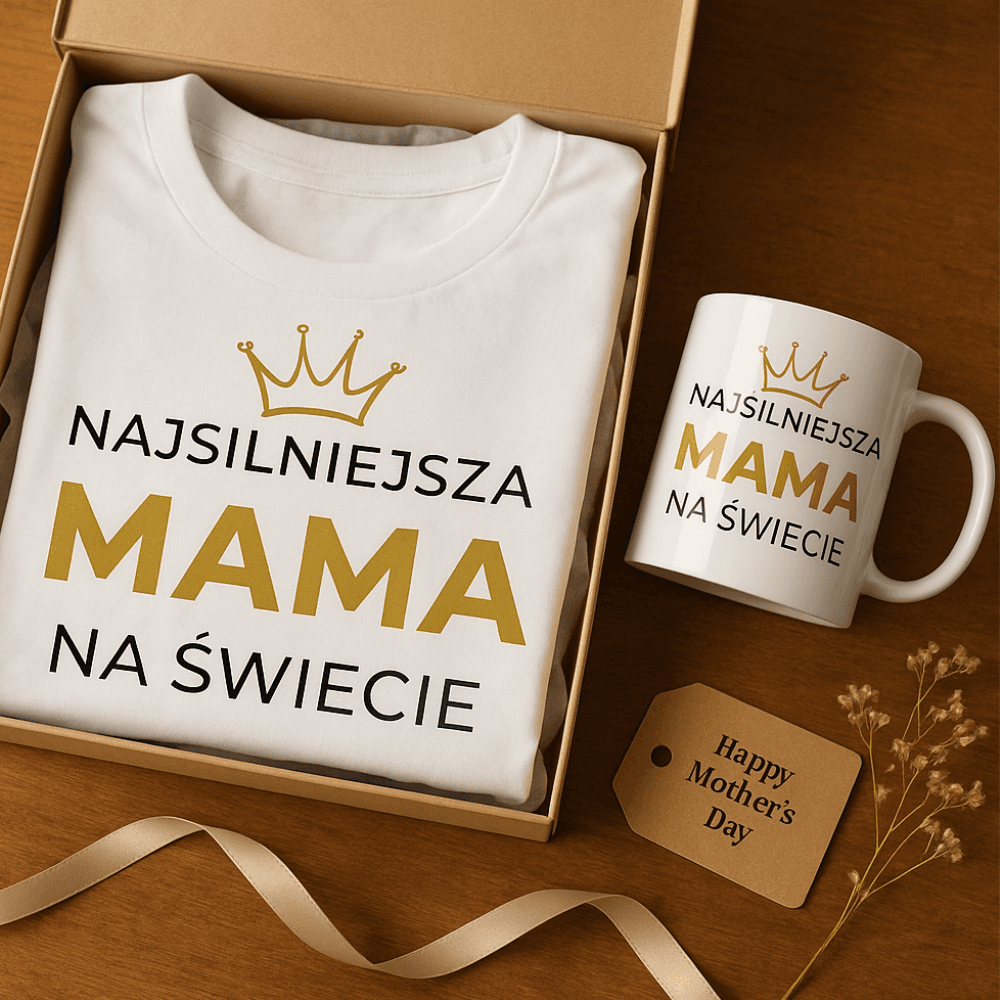 Zestaw Koszulka + Kubek: Najsilniejsza Mama - Mama Gold Edition (biała)