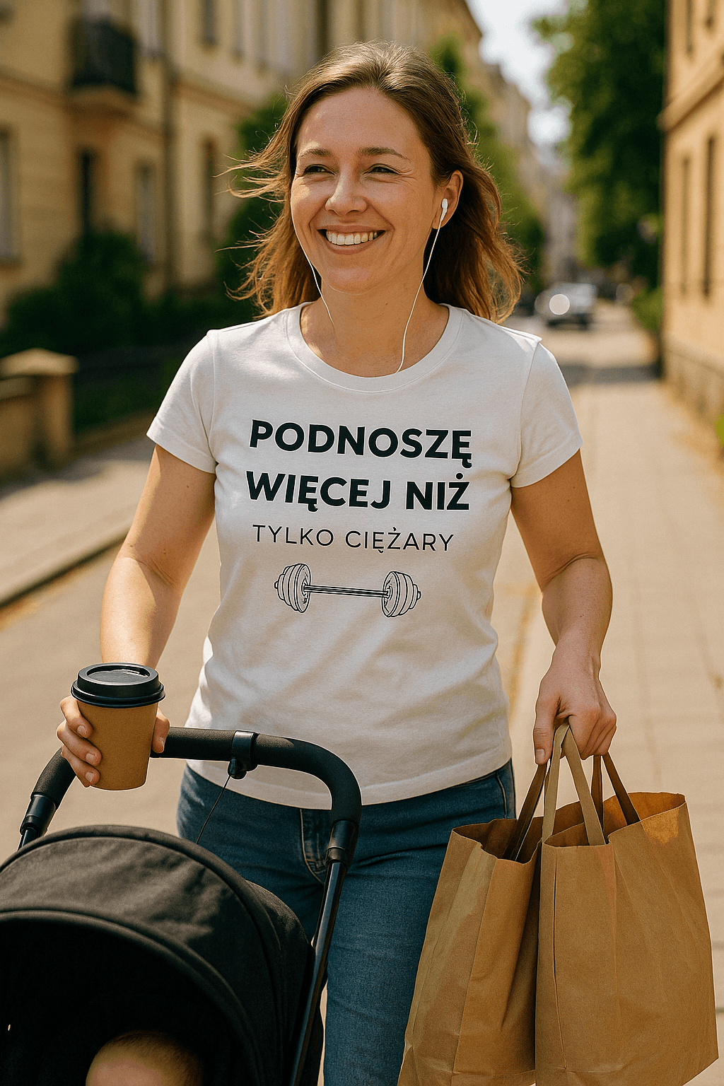 Zestaw Koszulka + Kubek: Podnoszę więcej niż tylko ciężary 🏋️‍♂️ – MAMA edition (biała) TOP PREZENT