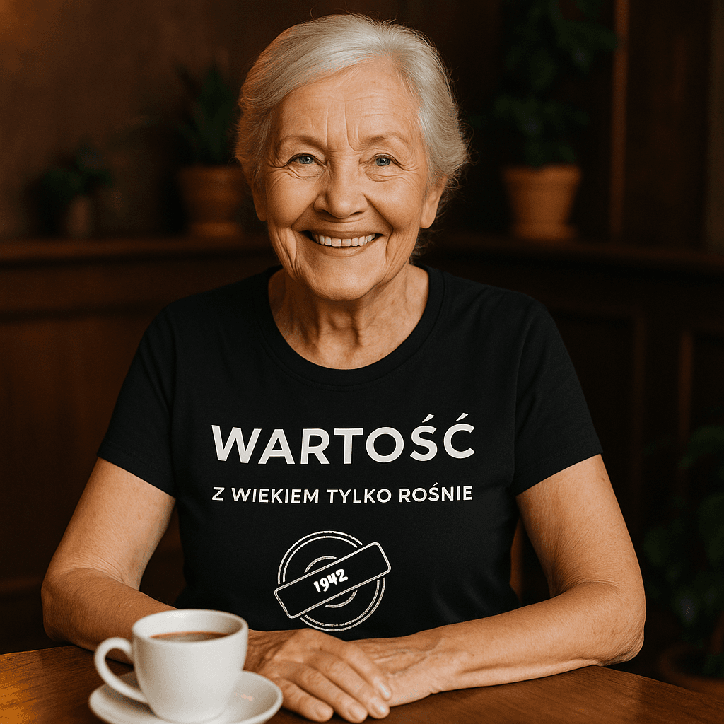 Koszulka 1942 – WARTOŚĆ. Z wiekiem tylko rośnie (Damska, Czarna)